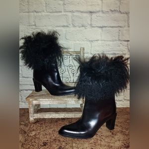 BALLY Switzerland Caselle Black Leather Mongolian Fur Ankle Boots Made in Italy